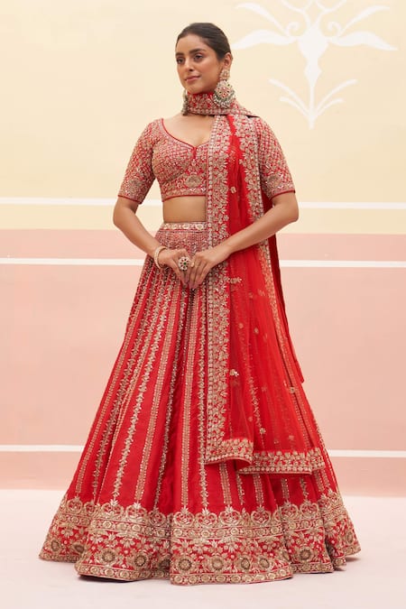 Angad Singh_Red Silk, Crepe Sequins, Embroidery Striped Zardozi Bridal Lehenga Set _Online_at_Aza_Fashions