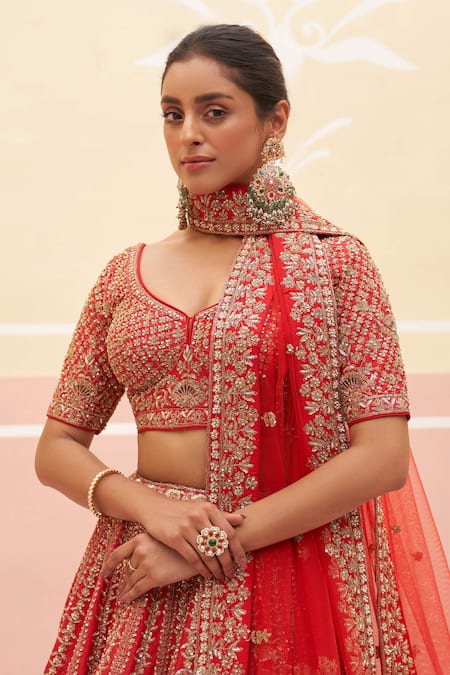 Buy_Angad Singh_Red Silk, Crepe Sequins, Embroidery Striped Zardozi Bridal Lehenga Set _Online_at_Aza_Fashions
