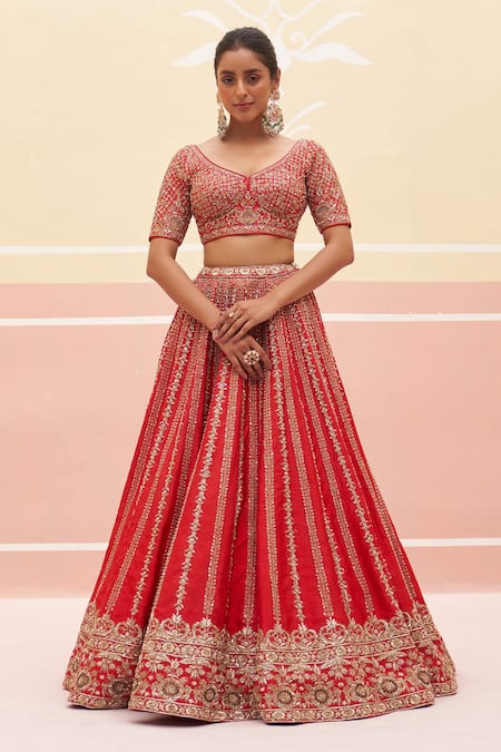 Shop_Angad Singh_Red Silk, Crepe Sequins, Embroidery Striped Zardozi Bridal Lehenga Set _Online_at_Aza_Fashions
