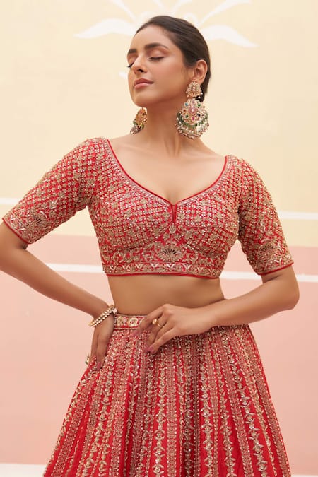 Angad Singh_Red Silk, Crepe Sequins, Embroidery Striped Zardozi Bridal Lehenga Set _at_Aza_Fashions