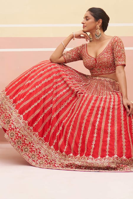 Buy_Angad Singh_Red Silk, Crepe Sequins, Embroidery Striped Zardozi Bridal Lehenga Set 