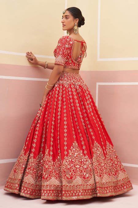 Shop Angad Singh Red Silk, Crepe Sequins, Zari, Embroidery Floral And Stripe Bridal Lehenga Set at Aza Fashions Shop_Angad Singh_Red Silk, Crepe Sequins, Zari, Embroidery Floral And Stripe Bridal Lehenga Set _at_Aza_Fashions