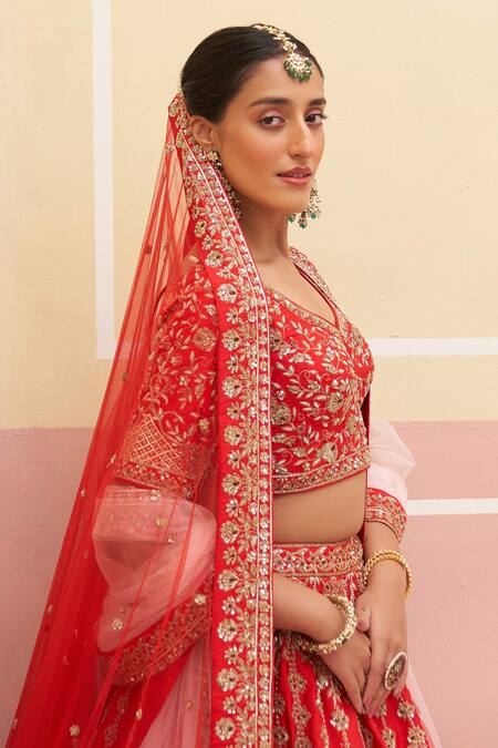 Angad Singh Red Silk, Crepe Sequins, Zari, Embroidery Floral And Stripe Bridal Lehenga Set Online at Aza Fashions Angad Singh_Red Silk, Crepe Sequins, Zari, Embroidery Floral And Stripe Bridal Lehenga Set _Online_at_Aza_Fashions