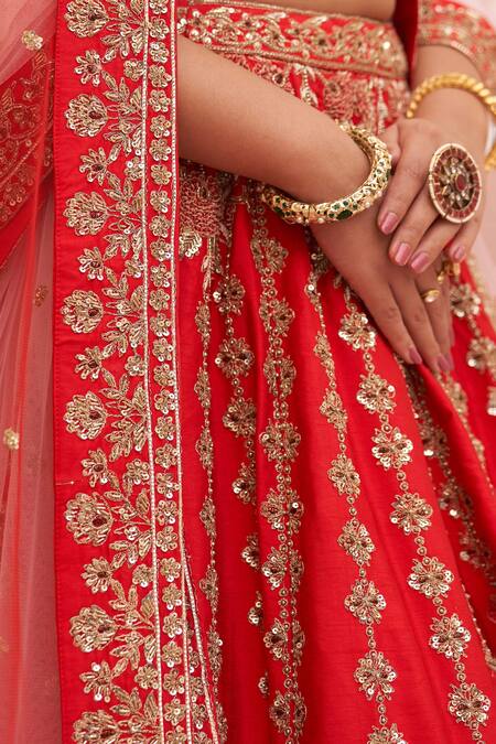 Buy Angad Singh Red Silk, Crepe Sequins, Zari, Embroidery Floral And Stripe Bridal Lehenga Set Online at Aza Fashions Buy_Angad Singh_Red Silk, Crepe Sequins, Zari, Embroidery Floral And Stripe Bridal Lehenga Set _Online_at_Aza_Fashions