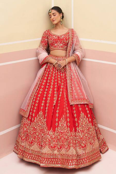 Shop Angad Singh Red Silk, Crepe Sequins, Zari, Embroidery Floral And Stripe Bridal Lehenga Set Online at Aza Fashions Shop_Angad Singh_Red Silk, Crepe Sequins, Zari, Embroidery Floral And Stripe Bridal Lehenga Set _Online_at_Aza_Fashions