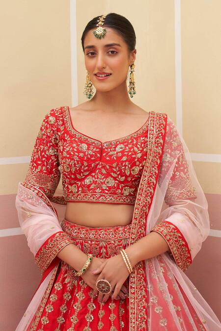 Angad Singh Red Silk, Crepe Sequins, Zari, Embroidery Floral And Stripe Bridal Lehenga Set at Aza Fashions Angad Singh_Red Silk, Crepe Sequins, Zari, Embroidery Floral And Stripe Bridal Lehenga Set _at_Aza_Fashions