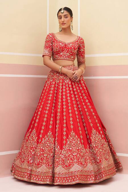 Buy Angad Singh Red Silk, Crepe Sequins, Zari, Embroidery Floral And Stripe Bridal Lehenga Set Buy_Angad Singh_Red Silk, Crepe Sequins, Zari, Embroidery Floral And Stripe Bridal Lehenga Set
