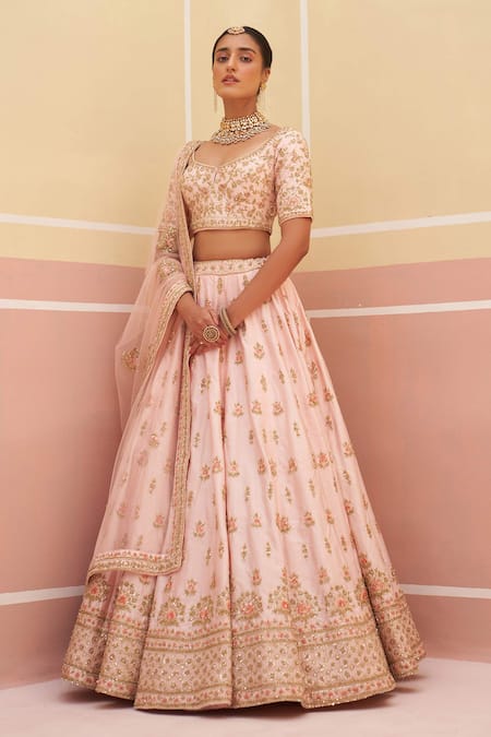 Shop Angad Singh Pink Silk, Crepe Sequins, Cut Work, Zari Embroidered Raw Bridal Lehenga Set Online at Aza Fashions Shop_Angad Singh_Pink Silk, Crepe Sequins, Cut Work, Zari Embroidered Raw Bridal Lehenga Set _Online_at_Aza_Fashions
