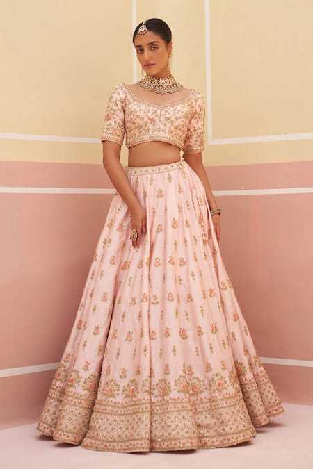 Buy Angad Singh Pink Silk, Crepe Sequins, Cut Work, Zari Embroidered Raw Bridal Lehenga Set Buy_Angad Singh_Pink Silk, Crepe Sequins, Cut Work, Zari Embroidered Raw Bridal Lehenga Set