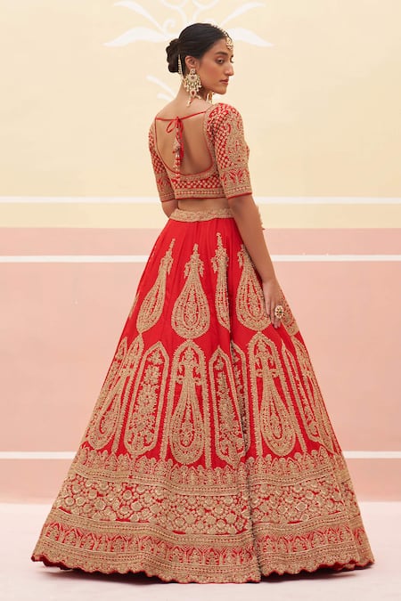 Shop Angad Singh Red Silk, Crepe Zari, Sequins, Vintage Pattern Zardozi Bridal Lehenga Set at Aza Fashions Shop_Angad Singh_Red Silk, Crepe Zari, Sequins, Vintage Pattern Zardozi Bridal Lehenga Set _at_Aza_Fashions