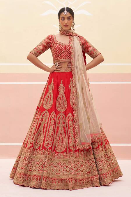 Angad Singh Red Silk, Crepe Zari, Sequins, Vintage Pattern Zardozi Bridal Lehenga Set Online at Aza Fashions Angad Singh_Red Silk, Crepe Zari, Sequins, Vintage Pattern Zardozi Bridal Lehenga Set _Online_at_Aza_Fashions