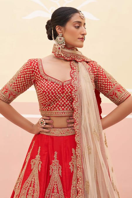 Buy Angad Singh Red Silk, Crepe Zari, Sequins, Vintage Pattern Zardozi Bridal Lehenga Set Online at Aza Fashions Buy_Angad Singh_Red Silk, Crepe Zari, Sequins, Vintage Pattern Zardozi Bridal Lehenga Set _Online_at_Aza_Fashions