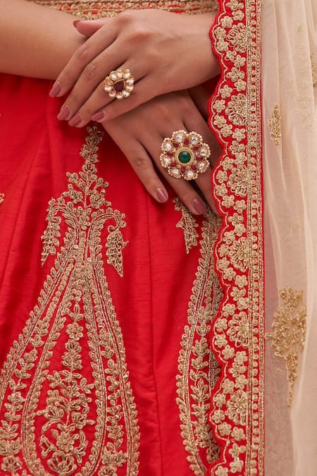 Shop Angad Singh Red Silk, Crepe Zari, Sequins, Vintage Pattern Zardozi Bridal Lehenga Set Online at Aza Fashions Shop_Angad Singh_Red Silk, Crepe Zari, Sequins, Vintage Pattern Zardozi Bridal Lehenga Set _Online_at_Aza_Fashions