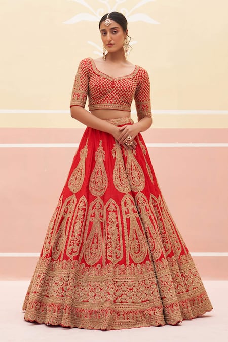 Angad Singh Red Silk, Crepe Zari, Sequins, Vintage Pattern Zardozi Bridal Lehenga Set at Aza Fashions Angad Singh_Red Silk, Crepe Zari, Sequins, Vintage Pattern Zardozi Bridal Lehenga Set _at_Aza_Fashions