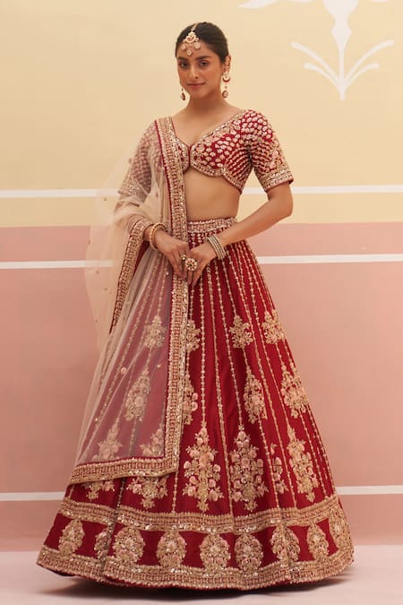 Angad Singh Floral Striped Zardozi Embroidered Bridal Lehenga Set 