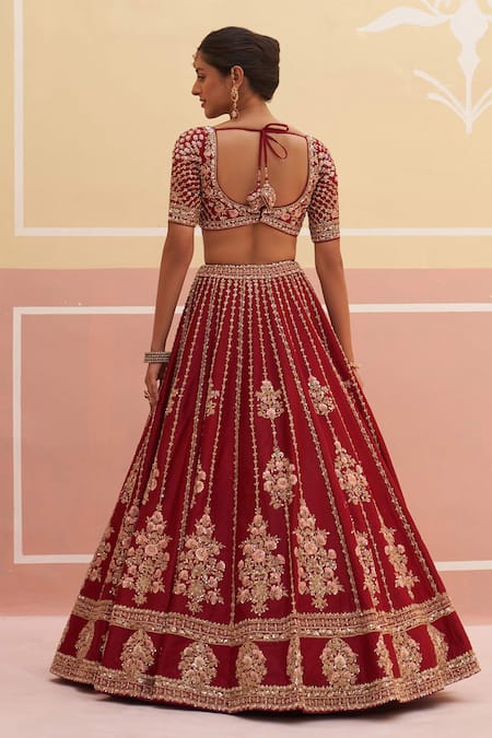 Shop Angad Singh Maroon Silk Sequins, Zari Floral Striped Zardozi Embroidered Bridal Lehenga Set at Aza Fashions Shop_Angad Singh_Maroon Silk Sequins, Zari Floral Striped Zardozi Embroidered Bridal Lehenga Set _at_Aza_Fashions