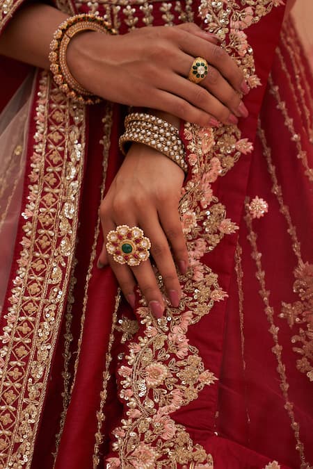 Angad Singh Maroon Silk Sequins, Zari Floral Striped Zardozi Embroidered Bridal Lehenga Set Online at Aza Fashions Angad Singh_Maroon Silk Sequins, Zari Floral Striped Zardozi Embroidered Bridal Lehenga Set _Online_at_Aza_Fashions