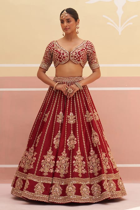 Shop Angad Singh Maroon Silk Sequins, Zari Floral Striped Zardozi Embroidered Bridal Lehenga Set Online at Aza Fashions Shop_Angad Singh_Maroon Silk Sequins, Zari Floral Striped Zardozi Embroidered Bridal Lehenga Set _Online_at_Aza_Fashions