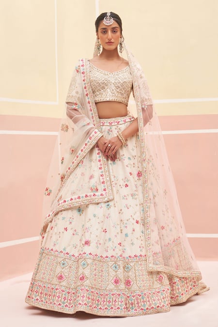 Angad Singh Ivory Raw Silk Embroidered Zardozi Floral Thread Bridal Lehenga Set 