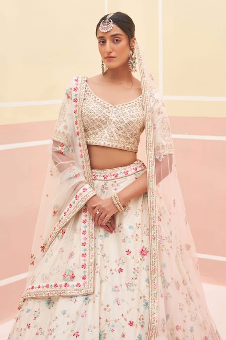 Angad Singh Ivory Silk, Crepe, Chiffon Embroidery, Zari, Floral Thread Bridal Lehenga Set Online at Aza Fashions Angad Singh_Ivory Silk, Crepe, Chiffon Embroidery, Zari, Floral Thread Bridal Lehenga Set _Online_at_Aza_Fashions
