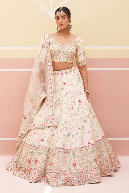 Buy Angad Singh Ivory Silk, Crepe, Chiffon Embroidery, Zari, Floral Thread Bridal Lehenga Set Online at Aza Fashions Buy_Angad Singh_Ivory Silk, Crepe, Chiffon Embroidery, Zari, Floral Thread Bridal Lehenga Set _Online_at_Aza_Fashions