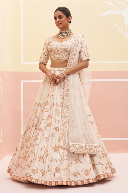 Angad Singh Ivory Silk, Crepe, Chiffon Embroidery, Sequins Floral Jaal Bridal Lehenga Set Online at Aza Fashions Angad Singh_Ivory Silk, Crepe, Chiffon Embroidery, Sequins Floral Jaal Bridal Lehenga Set _Online_at_Aza_Fashions