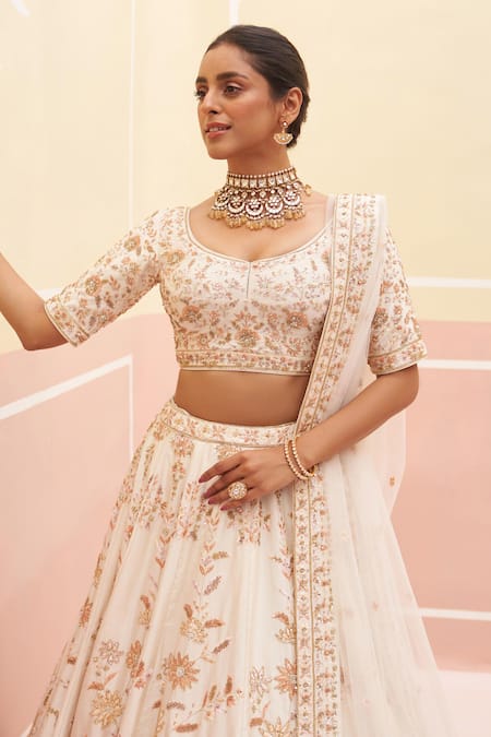 Buy Angad Singh Ivory Silk, Crepe, Chiffon Embroidery, Sequins Floral Jaal Bridal Lehenga Set Online at Aza Fashions Buy_Angad Singh_Ivory Silk, Crepe, Chiffon Embroidery, Sequins Floral Jaal Bridal Lehenga Set _Online_at_Aza_Fashions