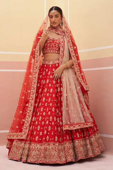 Angad Singh Red Raw Silk Embroidered Zardozi Floral Pattern Bridal Lehenga Set 