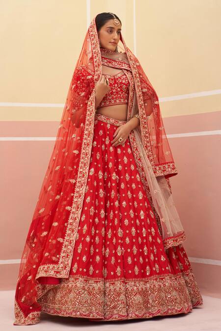 Angad Singh Red Silk Zari Floral Pattern Zardozi Embroidered Bridal Lehenga Set Online at Aza Fashions Angad Singh_Red Silk Zari Floral Pattern Zardozi Embroidered Bridal Lehenga Set _Online_at_Aza_Fashions