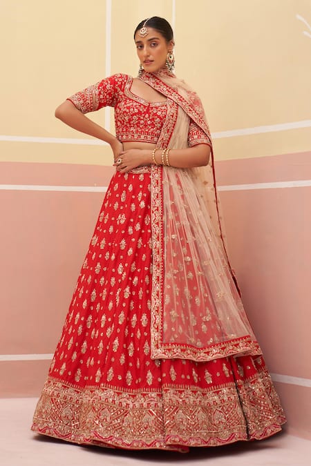 Buy Angad Singh Red Silk Zari Floral Pattern Zardozi Embroidered Bridal Lehenga Set Online at Aza Fashions Buy_Angad Singh_Red Silk Zari Floral Pattern Zardozi Embroidered Bridal Lehenga Set _Online_at_Aza_Fashions