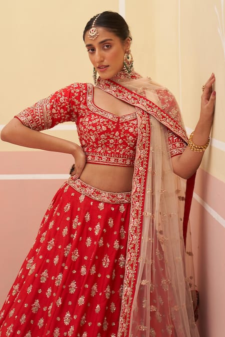 Shop Angad Singh Red Silk Zari Floral Pattern Zardozi Embroidered Bridal Lehenga Set Online at Aza Fashions Shop_Angad Singh_Red Silk Zari Floral Pattern Zardozi Embroidered Bridal Lehenga Set _Online_at_Aza_Fashions