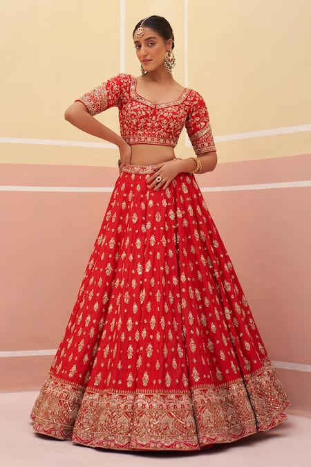 Angad Singh Red Silk Zari Floral Pattern Zardozi Embroidered Bridal Lehenga Set at Aza Fashions Angad Singh_Red Silk Zari Floral Pattern Zardozi Embroidered Bridal Lehenga Set _at_Aza_Fashions