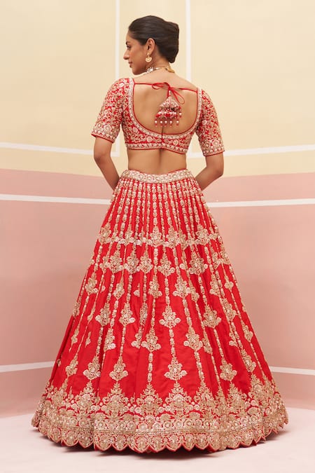 Shop Angad Singh Red Silk, Crepe, Chiffon Embroidery, Vintage Stripe Pattern Bridal Lehenga Set at Aza Fashions Shop_Angad Singh_Red Silk, Crepe, Chiffon Embroidery, Vintage Stripe Pattern Bridal Lehenga Set _at_Aza_Fashions