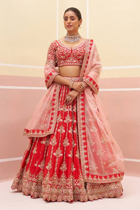 Angad Singh Red Silk, Crepe, Chiffon Embroidery, Vintage Stripe Pattern Bridal Lehenga Set Online at Aza Fashions Angad Singh_Red Silk, Crepe, Chiffon Embroidery, Vintage Stripe Pattern Bridal Lehenga Set _Online_at_Aza_Fashions
