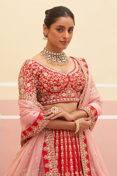 Buy Angad Singh Red Silk, Crepe, Chiffon Embroidery, Vintage Stripe Pattern Bridal Lehenga Set Online at Aza Fashions Buy_Angad Singh_Red Silk, Crepe, Chiffon Embroidery, Vintage Stripe Pattern Bridal Lehenga Set _Online_at_Aza_Fashions
