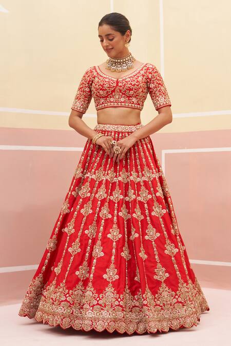 Shop Angad Singh Red Silk, Crepe, Chiffon Embroidery, Vintage Stripe Pattern Bridal Lehenga Set Online at Aza Fashions Shop_Angad Singh_Red Silk, Crepe, Chiffon Embroidery, Vintage Stripe Pattern Bridal Lehenga Set _Online_at_Aza_Fashions