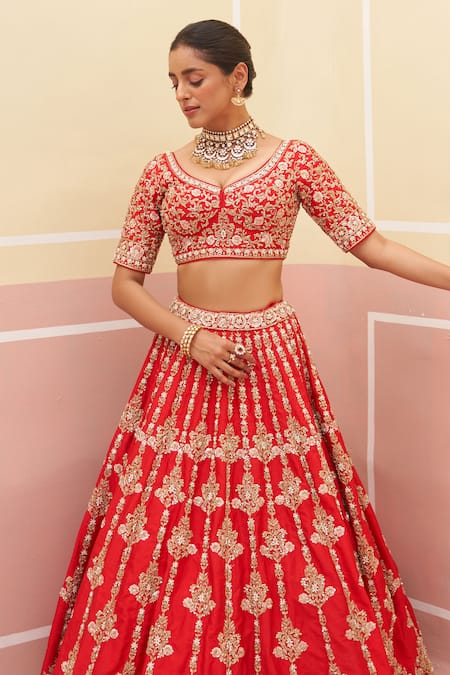 Angad Singh Red Silk, Crepe, Chiffon Embroidery, Vintage Stripe Pattern Bridal Lehenga Set at Aza Fashions Angad Singh_Red Silk, Crepe, Chiffon Embroidery, Vintage Stripe Pattern Bridal Lehenga Set _at_Aza_Fashions