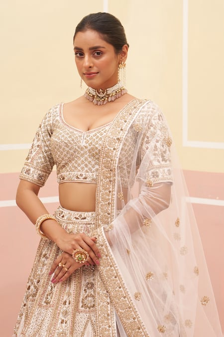 Shop Angad Singh Pink Silk, Crepe Sequins, Embroidery, Zari V-neck Vintage Jaal Lehenga Set Online at Aza Fashions Shop_Angad Singh_Pink Silk, Crepe Sequins, Embroidery, Zari V-neck Vintage Jaal Lehenga Set _Online_at_Aza_Fashions
