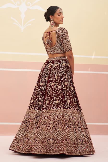 Shop Angad Singh Maroon Velvet, Crepe Zari, Embroidery, Sequins Floral Bridal Lehenga Set at Aza Fashions Shop_Angad Singh_Maroon Velvet, Crepe Zari, Embroidery, Sequins Floral Bridal Lehenga Set _at_Aza_Fashions
