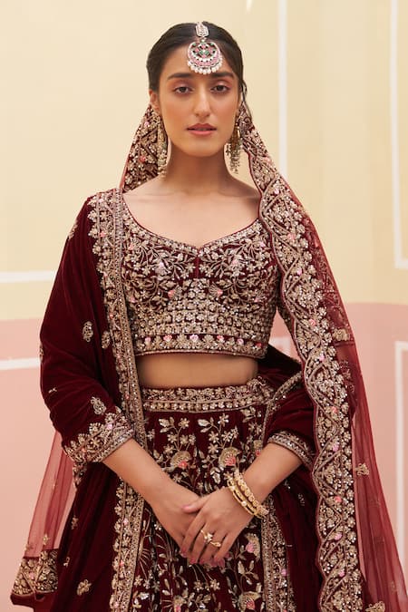 Angad Singh Maroon Velvet, Crepe Zari, Embroidery, Sequins Floral Bridal Lehenga Set Online at Aza Fashions Angad Singh_Maroon Velvet, Crepe Zari, Embroidery, Sequins Floral Bridal Lehenga Set _Online_at_Aza_Fashions