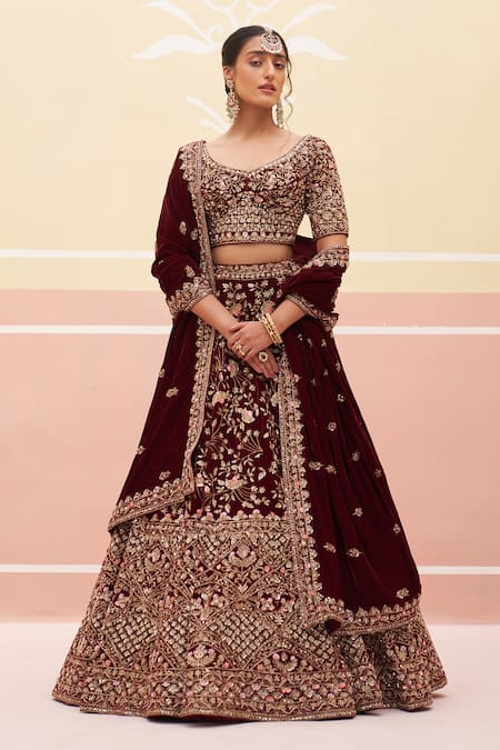 Buy Angad Singh Maroon Velvet, Crepe Zari, Embroidery, Sequins Floral Bridal Lehenga Set Online at Aza Fashions Buy_Angad Singh_Maroon Velvet, Crepe Zari, Embroidery, Sequins Floral Bridal Lehenga Set _Online_at_Aza_Fashions