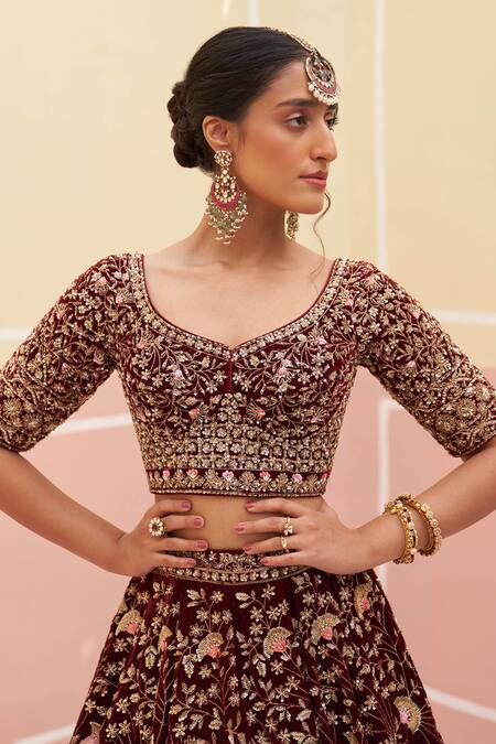 Shop Angad Singh Maroon Velvet, Crepe Zari, Embroidery, Sequins Floral Bridal Lehenga Set Online at Aza Fashions Shop_Angad Singh_Maroon Velvet, Crepe Zari, Embroidery, Sequins Floral Bridal Lehenga Set _Online_at_Aza_Fashions