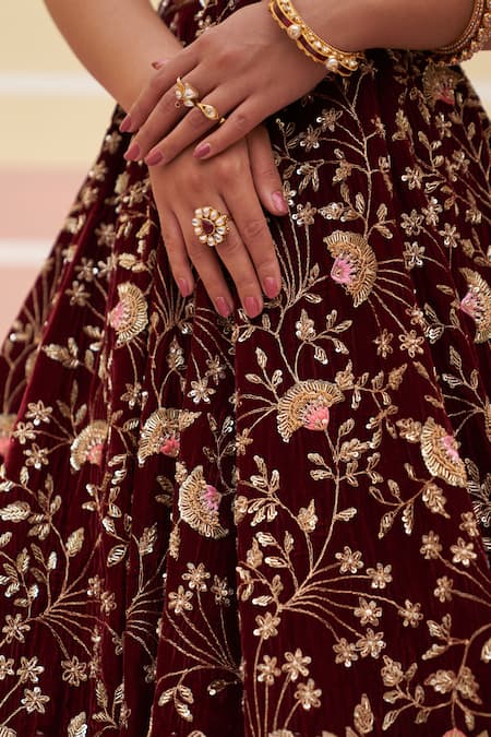 Angad Singh Maroon Velvet, Crepe Zari, Embroidery, Sequins Floral Bridal Lehenga Set at Aza Fashions Angad Singh_Maroon Velvet, Crepe Zari, Embroidery, Sequins Floral Bridal Lehenga Set _at_Aza_Fashions