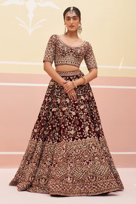 Buy Angad Singh Maroon Velvet, Crepe Zari, Embroidery, Sequins Floral Bridal Lehenga Set Buy_Angad Singh_Maroon Velvet, Crepe Zari, Embroidery, Sequins Floral Bridal Lehenga Set