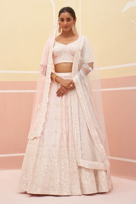 Angad Singh Pink Raw Silk Embroidered Zardozi Floral Dabka Bridal Lehenga Set 