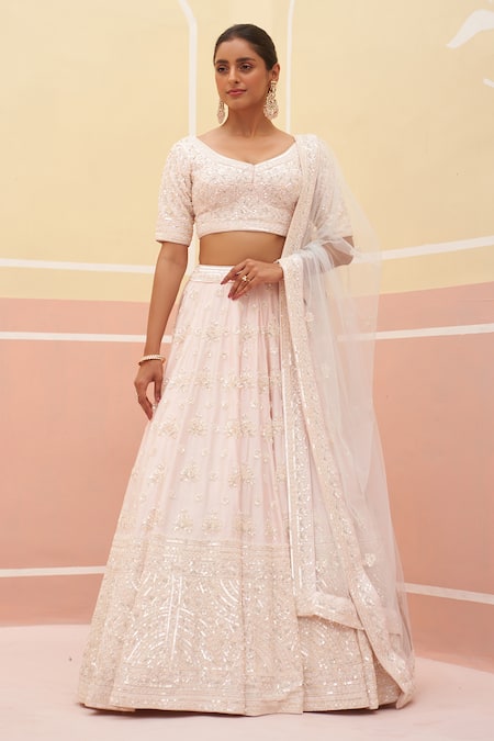 Shop Angad Singh Pink Silk, Crepe Sequins, Cut Work, Floral Dabka Embroidered Bridal Lehenga Set Online at Aza Fashions Shop_Angad Singh_Pink Silk, Crepe Sequins, Cut Work, Floral Dabka Embroidered Bridal Lehenga Set _Online_at_Aza_Fashions