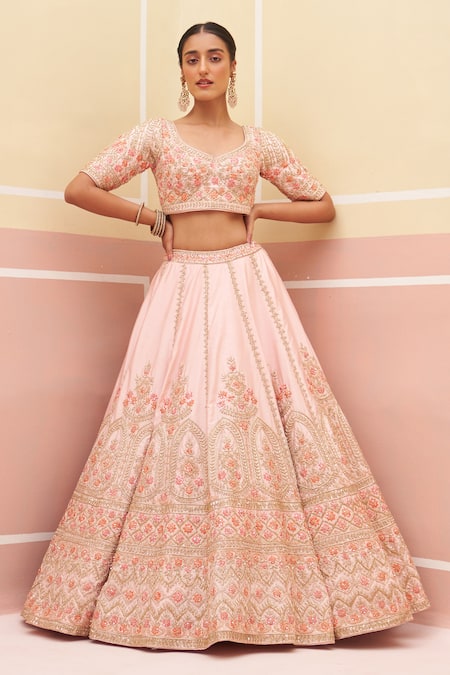 Shop Angad Singh Pink Silk, Crepe, Chiffon Cut Work, Sequins, Zari, Thread And Bridal Lehenga Set Online at Aza Fashions Shop_Angad Singh_Pink Silk, Crepe, Chiffon Cut Work, Sequins, Zari, Thread And Bridal Lehenga Set _Online_at_Aza_Fashions