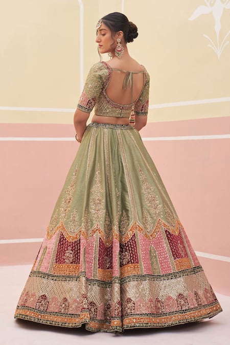 Shop Angad Singh Green Silk, Crepe Cut Work, Zari, Applique And Zardozi Bridal Lehenga Set at Aza Fashions Shop_Angad Singh_Green Silk, Crepe Cut Work, Zari, Applique And Zardozi Bridal Lehenga Set _at_Aza_Fashions
