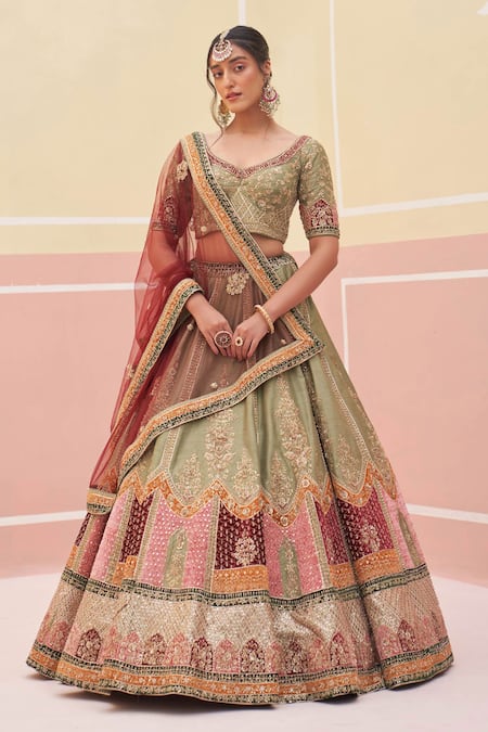 Angad Singh Green Silk, Crepe Cut Work, Zari, Applique And Zardozi Bridal Lehenga Set Online at Aza Fashions Angad Singh_Green Silk, Crepe Cut Work, Zari, Applique And Zardozi Bridal Lehenga Set _Online_at_Aza_Fashions