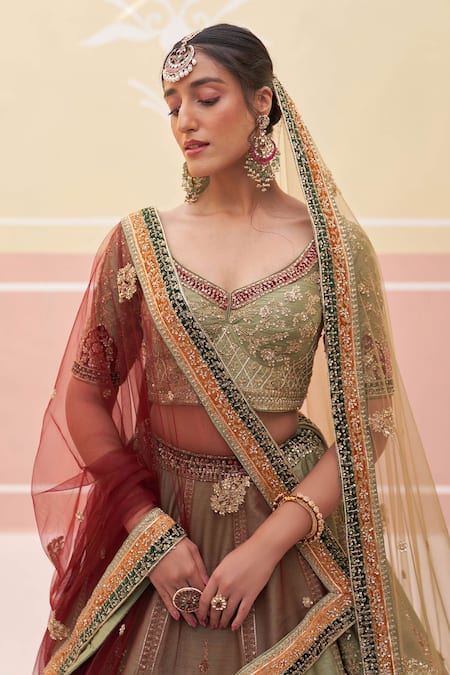Buy Angad Singh Green Silk, Crepe Cut Work, Zari, Applique And Zardozi Bridal Lehenga Set Online at Aza Fashions Buy_Angad Singh_Green Silk, Crepe Cut Work, Zari, Applique And Zardozi Bridal Lehenga Set _Online_at_Aza_Fashions